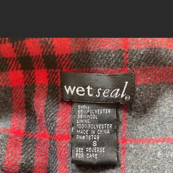 Wet Seal Plaid Red and Gray Wool Pea Coat Small - Picture 5 of 6